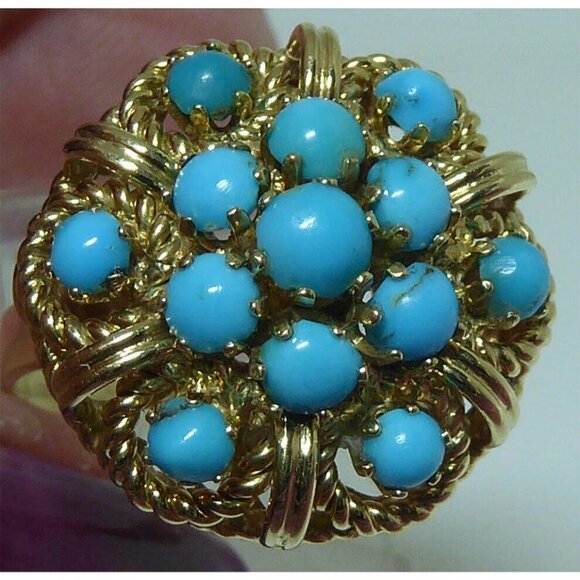 14K Gold & Persian Turquoise Cluster Ring Size 8 - Estate Jewelry